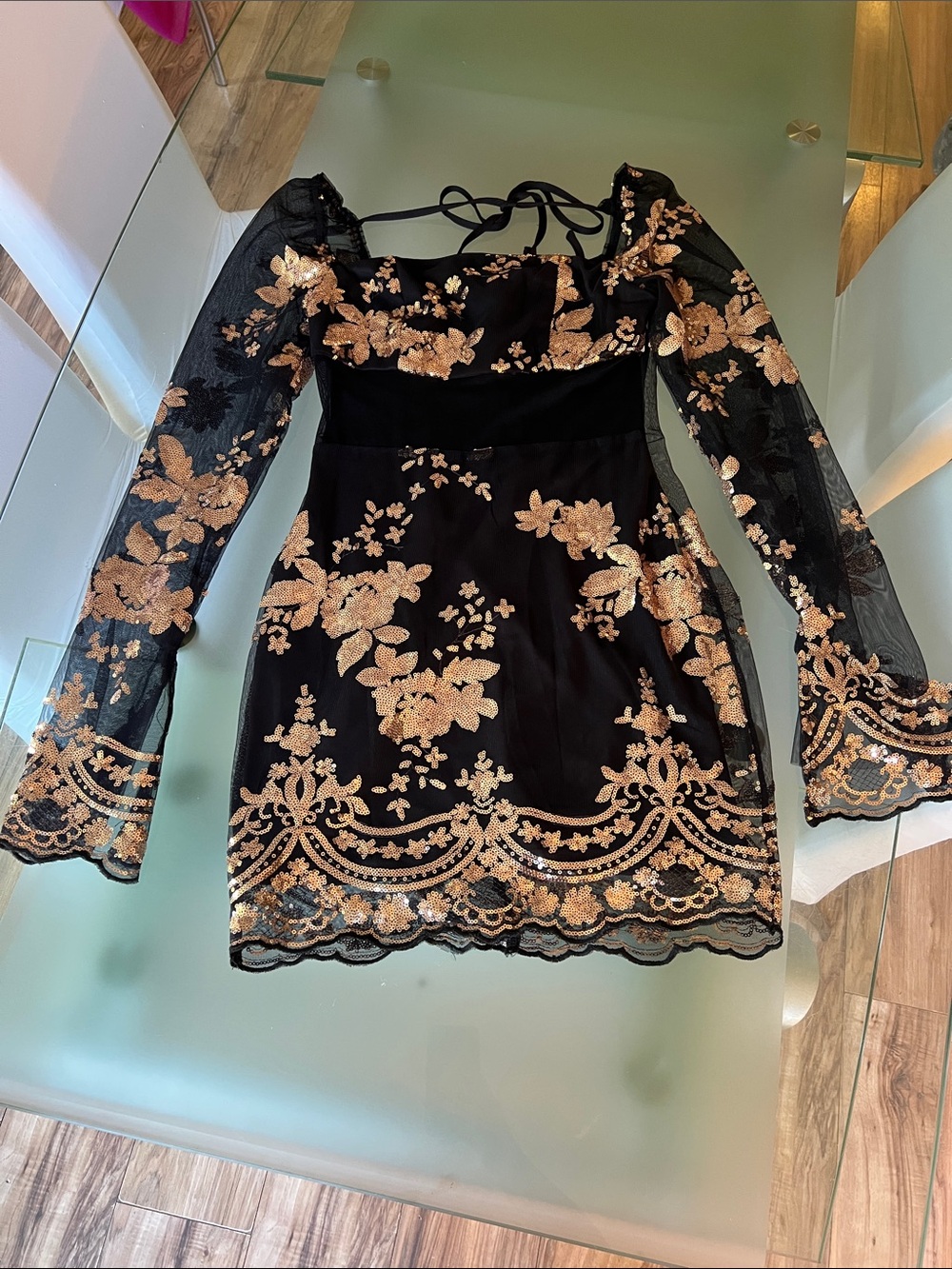 Black Mini Dress with Gold Floral Lace Embroidery - Women